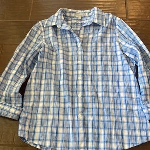 Blue and white checkered Foxcroft 3 quarter length sleeve